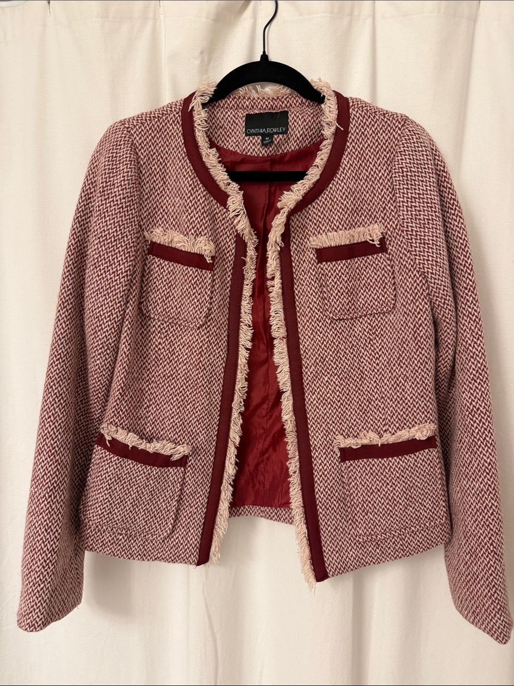 Cynthia Rowley Maroon Tweed Fringe-Trim Blazer